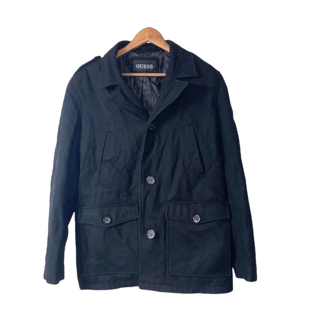 Guess Mens Wool Black Peacoat Jacket Coat Fall Winter Casual Work Large